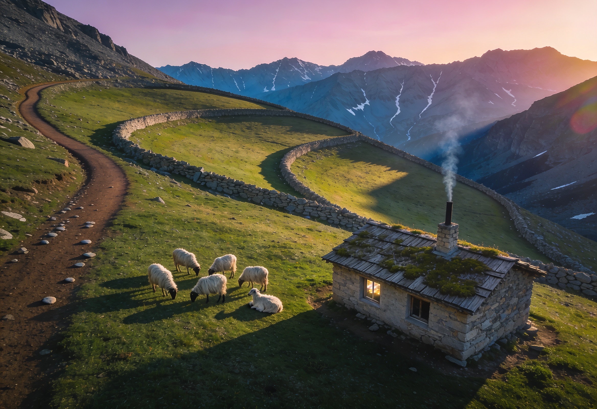 Şafak vakti Kaçkar yaylasında taş çatılı tek bir yayla evi ve otlayan dağ koyunları
